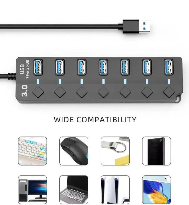 Alt view image 3 of 7 - 7 Port USB 3.0 Data Hub with Independent LED Power On/Off Buttons and Long Extension Cable, High Speed USB Splitter Compatible for MacBook iMac Surface Pro XPS Desktop PC and Laptop Devices