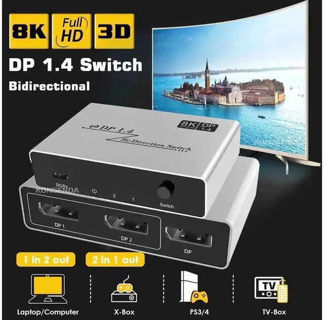 Alt view image 2 of 6 - Bi-directional DP 1.4 2X1 / 1X2 DisplayPort Switch Splitter KVM Box, Support 8K@30Hz, 4K@120Hz High Refresh Rate Video Transmission for GPU Monitor Laptop Gaming Display Extension