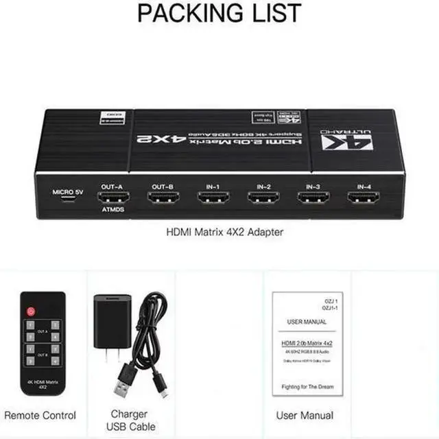 Alt view image 3 of 5 - Torpedo Nova HDMI 2.0 4x2 Matrix Switch with Dual Audio Extraction, 4 in 2 Out 4K@60Hz HDR Video Distributor, 18.2Gbps Bandwidth HDCP 2.2 Compliant, Built-in EDID Management, Optical SPDIF & 3.5mm Ste