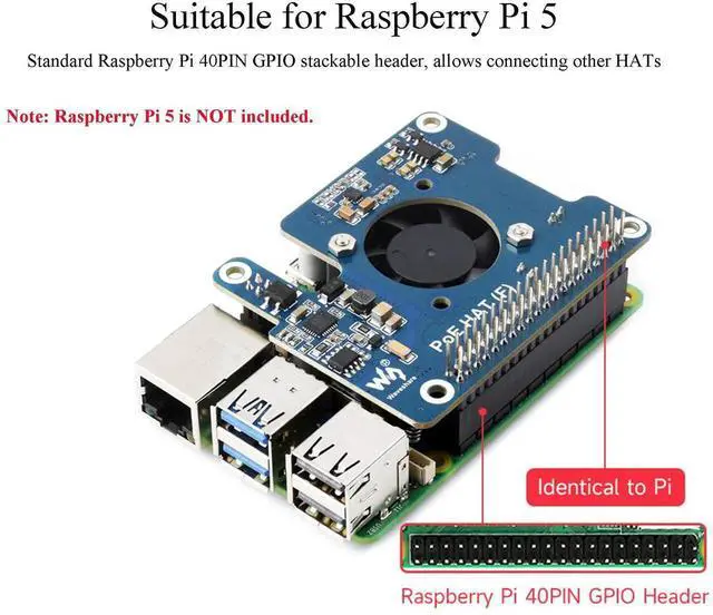 Alt view image 3 of 5 - PoE HAT Expansion Board for Raspberry Pi 5, IEEE 802.3af/at Power Over Ethernet Module with Built-in Cooling Fan and Metal Heatsink, Stable Single Cable Power & Network Supply for Pi 5 Single Board Co
