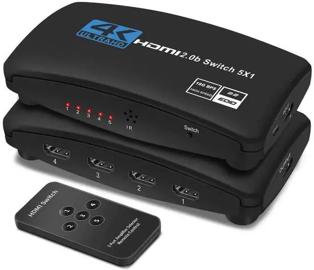 Main image of 5 Ports HDMI 2.0 Switch 4K@60Hz 4K HDR Switcher Selector with IR Remote Control, 18.5Gbps Bandwidth Supports Dolby Vision, HDR10, HDCP 2.2 and 3D for HDTV, Game Consoles, Streaming Devices
