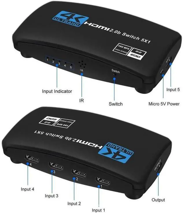 Alt view image 4 of 7 - 5 Ports HDMI 2.0 Switch 4K@60Hz 4K HDR Switcher Selector with IR Remote Control, 18.5Gbps Bandwidth Supports Dolby Vision, HDR10, HDCP 2.2 and 3D for HDTV, Game Consoles, Streaming Devices