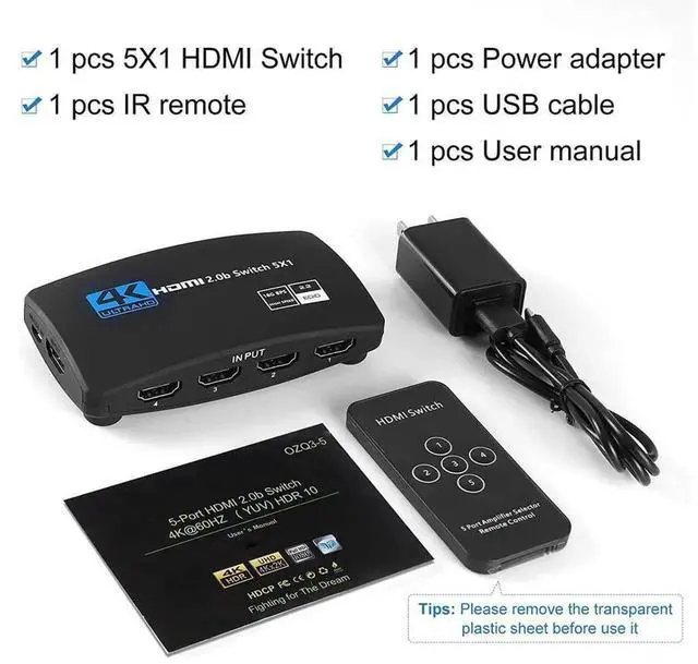 Alt view image 2 of 7 - 5 Ports HDMI 2.0 Switch 4K@60Hz 4K HDR Switcher Selector with IR Remote Control, 18.5Gbps Bandwidth Supports Dolby Vision, HDR10, HDCP 2.2 and 3D for HDTV, Game Consoles, Streaming Devices