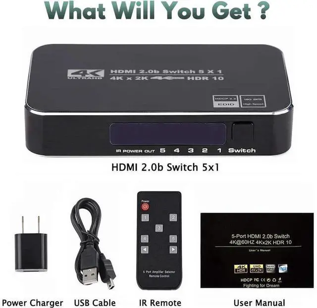 Alt view image 3 of 7 - 5 Port HDMI 2.0 Switch 4K@60Hz HDR HDMI Switcher Selector with IR Remote Control, 18.5Gbps Bandwidth Supports Dolby Vision, HDR10, HDCP 2.2 and 3D for TV, Game Consoles and Media Players
