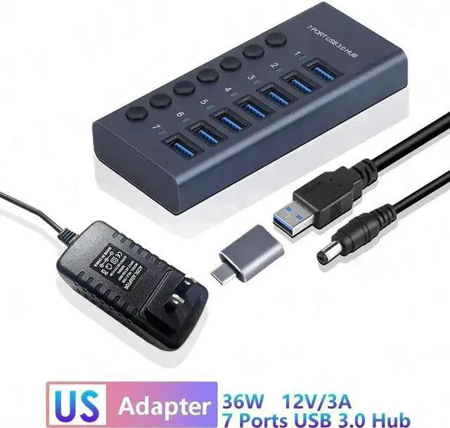 Main image of 7 Port Powered USB 3.0 Hub Splitter with Independent On/Off Switches & LED Indicator Lights, Equipped with 36W 12V 3A External Power Adapter for Laptop Desktop PC Multiple Devices Expansion