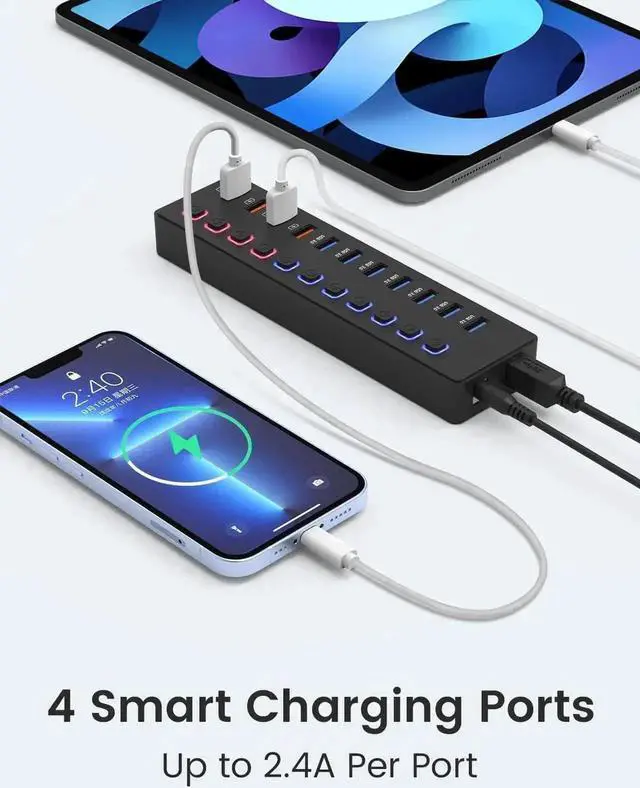 Alt view image 2 of 7 - 11 Port Powered USB 3.0 Hub Splitter, 7 High-Speed USB 3.0 Data Ports + 4 Independent Smart Charging Ports with Individual Power On/Off Buttons, Comes with 12V 3A Power Supply Adapter for Desktop Lapt