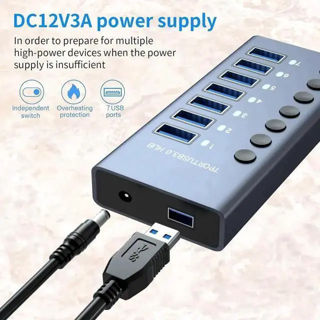 Alt view image 6 of 7 - 7 Port Powered USB 3.0 Hub Splitter with Independent On/Off Switches & LED Indicator Lights, Equipped with 36W 12V 3A External Power Adapter for Laptop Desktop PC Multiple Devices Expansion