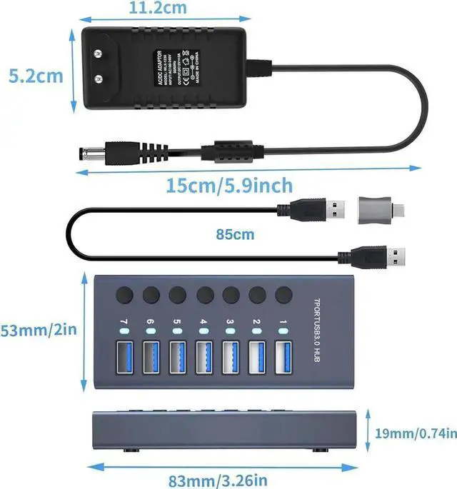 Alt view image 5 of 7 - 7 Port Powered USB 3.0 Hub Splitter with Independent On/Off Switches & LED Indicator Lights, Equipped with 36W 12V 3A External Power Adapter for Laptop Desktop PC Multiple Devices Expansion