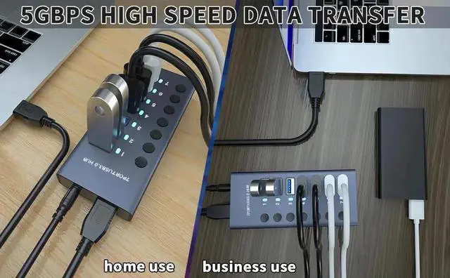 Alt view image 7 of 7 - 7 Port Powered USB 3.0 Hub Splitter with Independent On/Off Switches & LED Indicator Lights, Equipped with 36W 12V 3A External Power Adapter for Laptop Desktop PC Multiple Devices Expansion