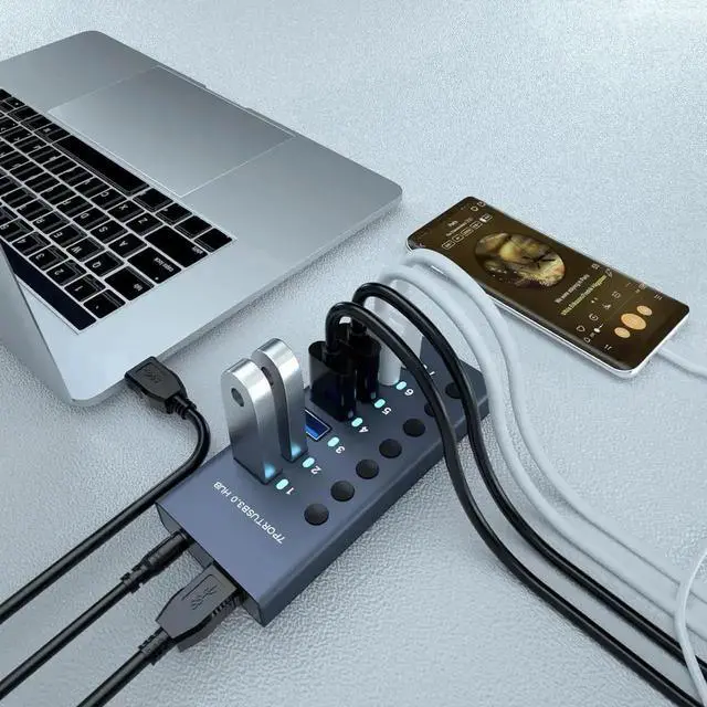 Alt view image 2 of 7 - 7 Port Powered USB 3.0 Hub Splitter with Independent On/Off Switches & LED Indicator Lights, Equipped with 36W 12V 3A External Power Adapter for Laptop Desktop PC Multiple Devices Expansion