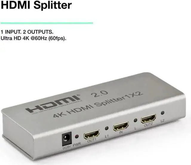 Alt view image 4 of 5 - 1 in 2 Out HDMI 2.0 Splitter, 2 Port 4K 60Hz HDR Video Distributor Support HDCP 2.2, Full HD 1080P 3D DTS Audio for Dual Display Output