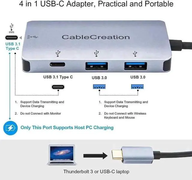 Alt view image 6 of 6 - CableCreation USB C Multiport Hub Thunderbolt 3 Compatible, Type C Adapter with 2 USB 3.0 Ports + 2 USB-C Charging Ports, Space Grey Docking Station for MacBook Pro 2017, Surface Book 2 and More Type