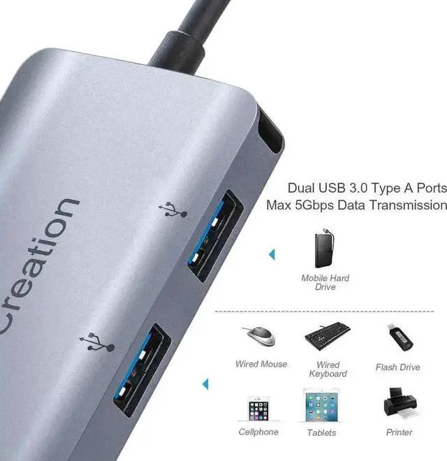 Alt view image 3 of 6 - CableCreation USB C Multiport Hub Thunderbolt 3 Compatible, Type C Adapter with 2 USB 3.0 Ports + 2 USB-C Charging Ports, Space Grey Docking Station for MacBook Pro 2017, Surface Book 2 and More Type