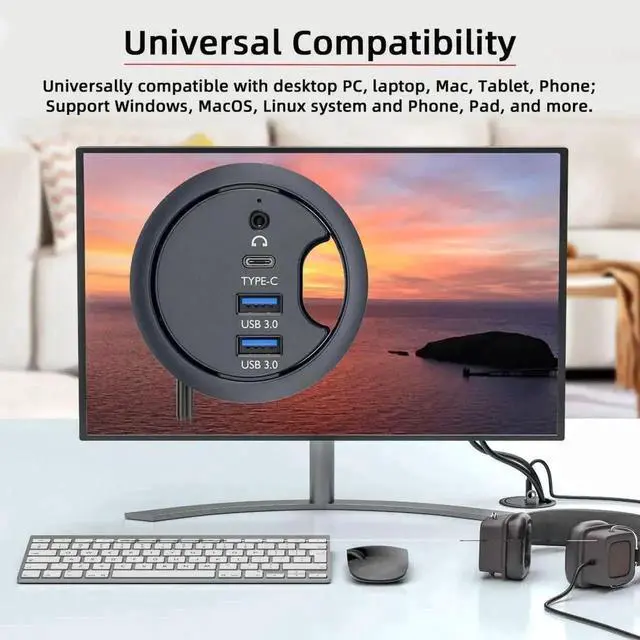 Alt view image 7 of 7 - 60mm 2.36 Inch Grommet Hole USB 3.0 Flush Mount Desktop Hub, Built-in 2 USB 3.0 Ports, 1 USB-C Port and 3.5mm Audio Jack for Office Desk Table Installation
