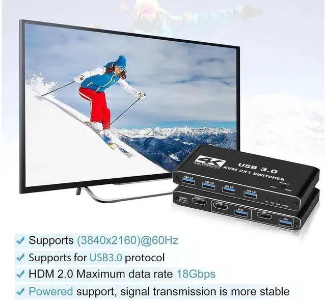 Alt view image 7 of 7 - 2 Port HDMI 2.0 KVM Switch 2 In 1 Out 4K@60Hz, USB 3.0 KVM Selector with 4 USB3.0 Ports for 2 PCs Sharing One Monitor Keyboard Mouse, Plug and Play