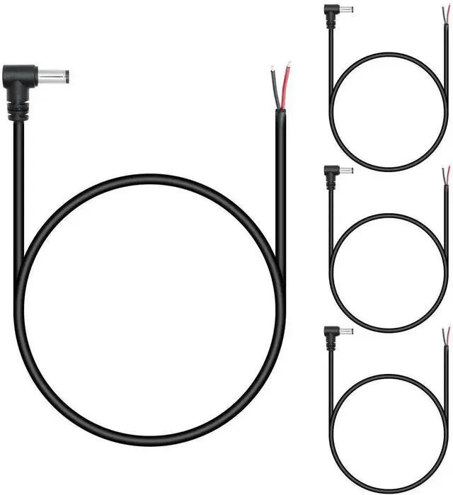 Main image of 4 Pack Right Angle DC 5521 Male Power Pigtail Cables, 5.5x2.1mm 90 Degree DC Male Plug to 2 Pin Bare Open End Wire, 18AWG 0.5M/1.6FT for DC Power Cord Repair and Replacement