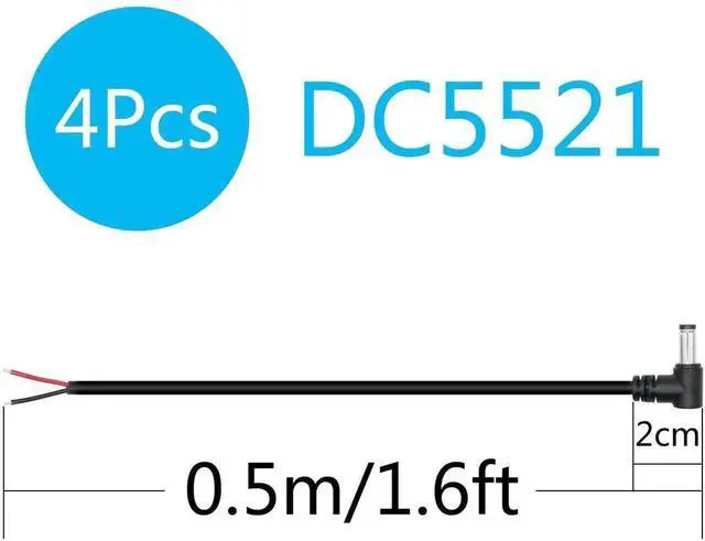 Alt view image 2 of 7 - 4 Pack Right Angle DC 5521 Male Power Pigtail Cables, 5.5x2.1mm 90 Degree DC Male Plug to 2 Pin Bare Open End Wire, 18AWG 0.5M/1.6FT for DC Power Cord Repair and Replacement
