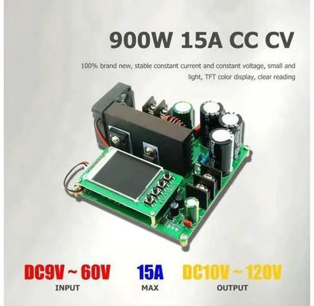 Alt view image 5 of 7 - 900W 15A DC-DC Step-up Boost Converter Module with TFT Display, 8-60V Input to 10-120V Output CC CV Constant Current Constant Voltage Power Supply Board
