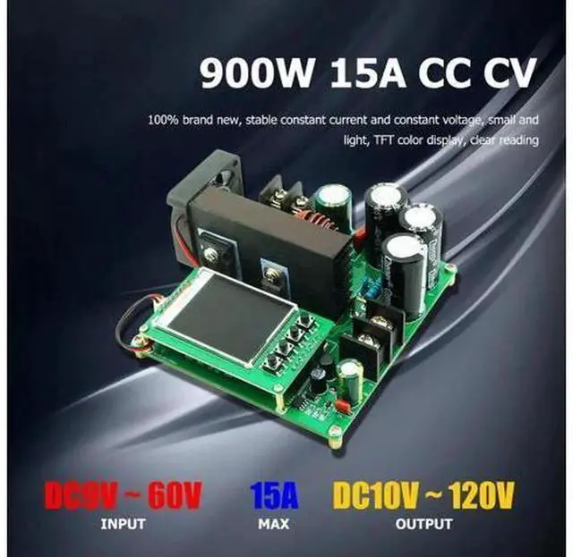 Alt view image 4 of 7 - 900W 15A DC-DC Step-up Boost Converter Module with TFT Display, 8-60V Input to 10-120V Output CC CV Constant Current Constant Voltage Power Supply Board
