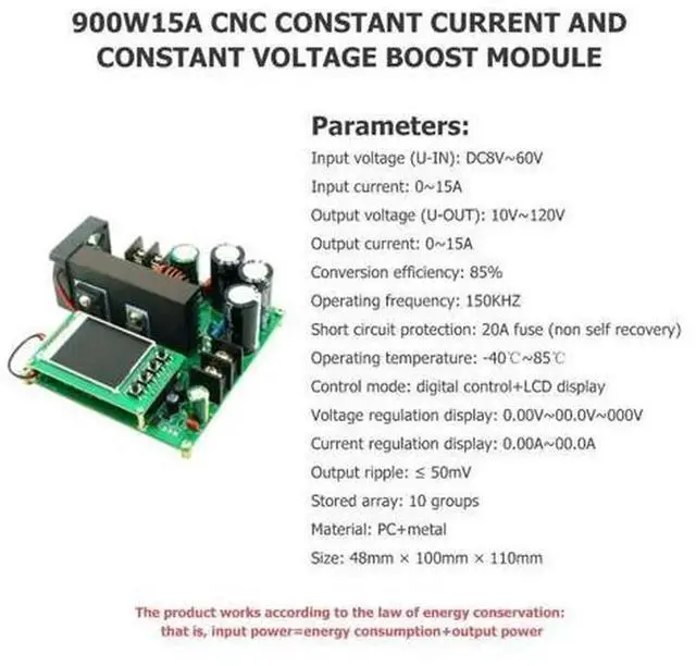 Alt view image 6 of 7 - 900W 15A DC-DC Step-up Boost Converter Module with TFT Display, 8-60V Input to 10-120V Output CC CV Constant Current Constant Voltage Power Supply Board