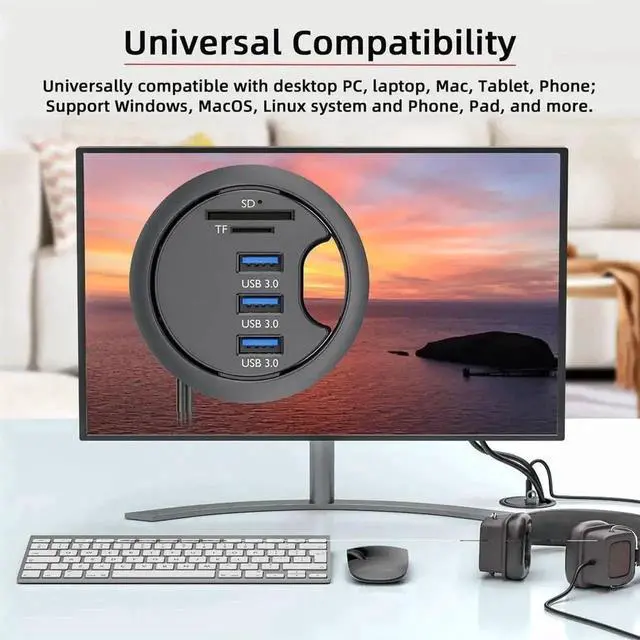 Alt view image 6 of 7 - 60mm Grommet Hole Flush Mount USB 3.0 Desktop Hub, 3-Port USB Expander with SD TF Micro SD Card Reader, Embedded Desk Docking Station for Office PC Worktable Installation