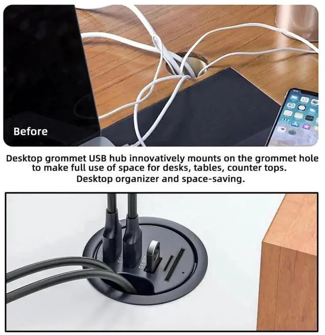 Alt view image 5 of 7 - 60mm Grommet Hole Flush Mount USB 3.0 Desktop Hub, 3-Port USB Expander with SD TF Micro SD Card Reader, Embedded Desk Docking Station for Office PC Worktable Installation