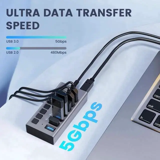 Alt view image 6 of 7 - 7-Port USB 3.0 Powered Hub with Independent On/Off Buttons, 7 Data Transmission Ports Plus Dedicated Charging Port, Equipped with 12V 3A Power Adapter for High Power Load Connection