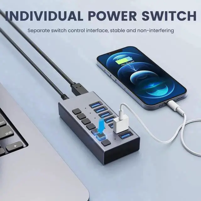 Alt view image 4 of 7 - 7-Port USB 3.0 Powered Hub with Independent On/Off Buttons, 7 Data Transmission Ports Plus Dedicated Charging Port, Equipped with 12V 3A Power Adapter for High Power Load Connection