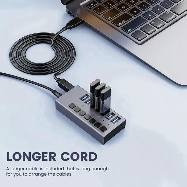 Alt view image 2 of 7 - 7-Port USB 3.0 Powered Hub with Independent On/Off Buttons, 7 Data Transmission Ports Plus Dedicated Charging Port, Equipped with 12V 3A Power Adapter for High Power Load Connection