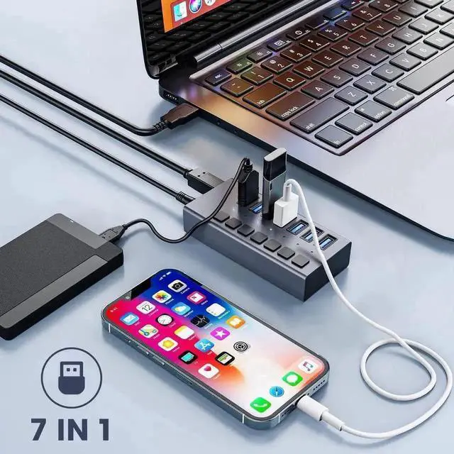 Alt view image 5 of 7 - 7-Port USB 3.0 Powered Hub with Independent On/Off Buttons, 7 Data Transmission Ports Plus Dedicated Charging Port, Equipped with 12V 3A Power Adapter for High Power Load Connection