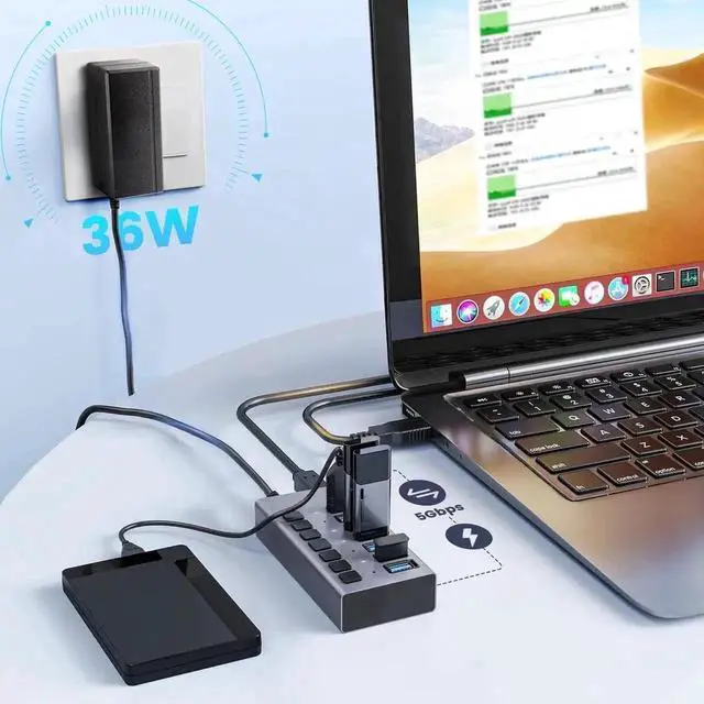 Alt view image 3 of 7 - 7-Port USB 3.0 Powered Hub with Independent On/Off Buttons, 7 Data Transmission Ports Plus Dedicated Charging Port, Equipped with 12V 3A Power Adapter for High Power Load Connection