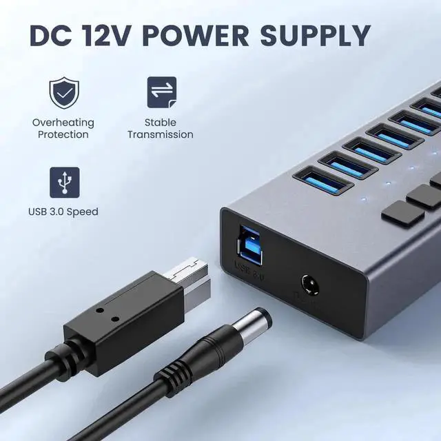 Alt view image 7 of 7 - 7-Port USB 3.0 Powered Hub with Independent On/Off Buttons, 7 Data Transmission Ports Plus Dedicated Charging Port, Equipped with 12V 3A Power Adapter for High Power Load Connection