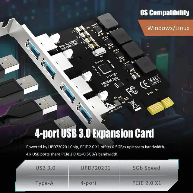 Alt view image 4 of 7 - U3044 4-Port USB 3.0 Type-A PCIe Expansion Card 5Gbps High Speed PCI Express Adapter, Compatible with Intel AMD ARM Motherboard Platforms, Supports Windows Linux System, Not for Mac OS