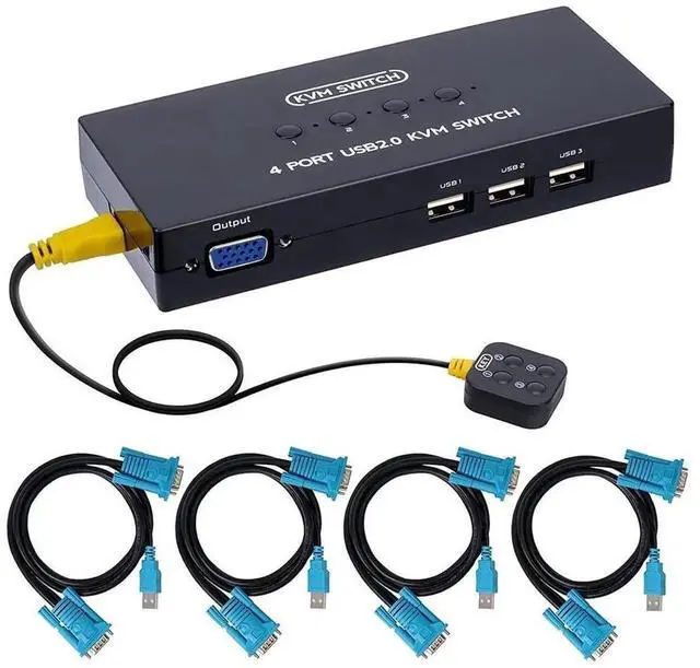 Main image of 4 Port VGA USB KVM Switch, 4 Computers Share 1 Monitor, Keyboard, Mouse, Scanner and Printer with 3 USB Ports, Comes with 4 KVM Cables and Desktop Controller
