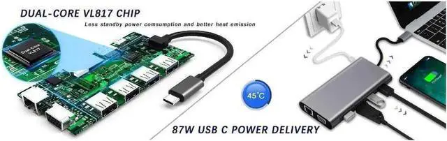 Alt view image 3 of 7 - 11-in-1 USB C Multiport Docking Station Adapter with 4K HDMI, VGA, Gigabit Ethernet, PD 3.0 Charging, USB 3.0/2.0 Ports, SD TF Card Reader and 3.5mm Audio Jack for USB-C Laptops Mac Pro