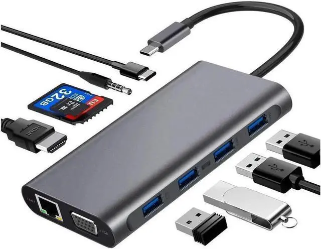 Alt view image 5 of 7 - 11-in-1 USB C Multiport Docking Station Adapter with 4K HDMI, VGA, Gigabit Ethernet, PD 3.0 Charging, USB 3.0/2.0 Ports, SD TF Card Reader and 3.5mm Audio Jack for USB-C Laptops Mac Pro