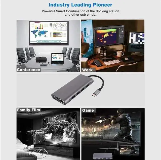 Alt view image 7 of 7 - 11-in-1 USB C Multiport Docking Station Adapter with 4K HDMI, VGA, Gigabit Ethernet, PD 3.0 Charging, USB 3.0/2.0 Ports, SD TF Card Reader and 3.5mm Audio Jack for USB-C Laptops Mac Pro