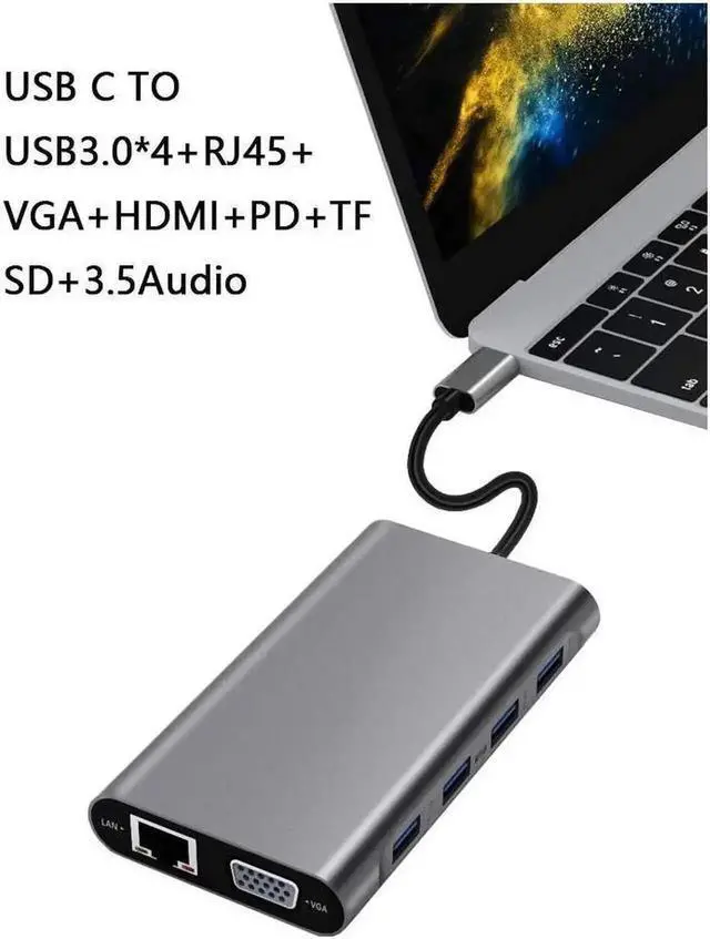 Alt view image 4 of 7 - 11-in-1 USB C Multiport Docking Station Adapter with 4K HDMI, VGA, Gigabit Ethernet, PD 3.0 Charging, USB 3.0/2.0 Ports, SD TF Card Reader and 3.5mm Audio Jack for USB-C Laptops Mac Pro