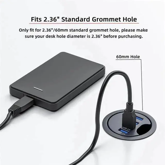 Alt view image 3 of 7 - 4 Port USB 3.0 Desk Grommet Hub Splitter, 60mm Hole Mount USB Multiport Expander Dock Station High Speed Data Transfer Extension Adapter for Office Desktop PC Table Interface Expansion