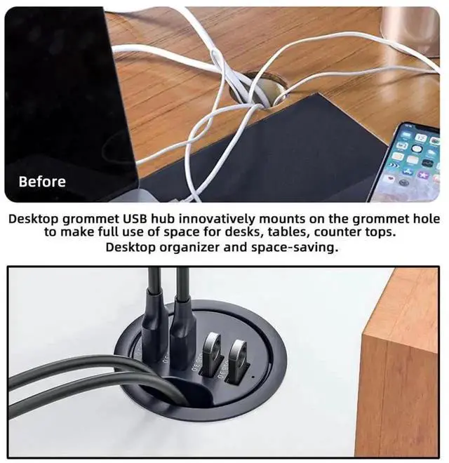 Alt view image 2 of 7 - 4 Port USB 3.0 Desk Grommet Hub Splitter, 60mm Hole Mount USB Multiport Expander Dock Station High Speed Data Transfer Extension Adapter for Office Desktop PC Table Interface Expansion