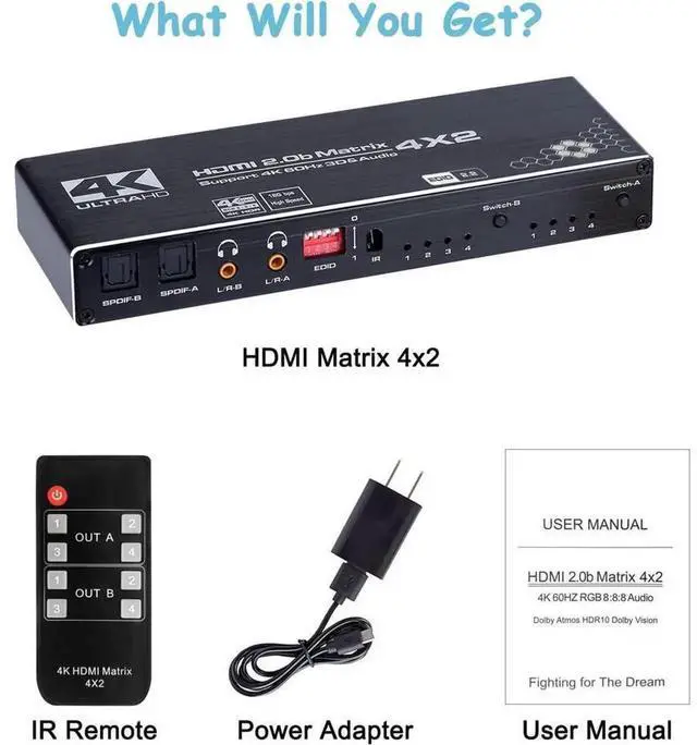 Alt view image 6 of 7 - 4x2 HDMI Matrix Switch 4K@60Hz HDMI 2.0b 4 In 2 Out Video Splitter with IR Remote Control & EDID Management, Support HDCP2.2, HDR10, 3D Ultra HD for Monitor TV Projector