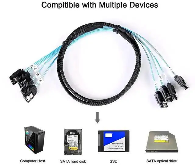 Alt view image 4 of 6 - 2 Pack 1 Meter SATA III 6Gbps Data Cables (4 Pieces Total), 3.3FT SATA 3 High Speed Cord for SSD HDD CD DVD Optical Drives, RAID Array, PC Server and Bitcoin Mining Rig Replacement