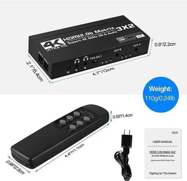 Alt view image 3 of 6 - 3x2 HDMI 2.0 Matrix Switch 4K@60Hz 3 In 2 Out Video Distributor with Separate Dual Audio Output, IR Remote Control, HDCP 2.2, HDR and 3D Supported for Home Theater Multi-Room Display System