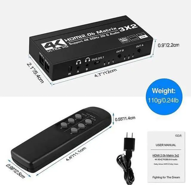 Alt view image 6 of 6 - 3x2 HDMI 2.0 Matrix Switch 4K@60Hz 3 In 2 Out Video Distributor with Separate Dual Audio Output, IR Remote Control, HDCP 2.2, HDR and 3D Supported for Home Theater Multi-Room Display System