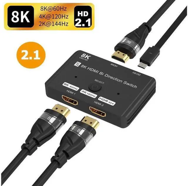 Main image of Bi-Directional HDMI 2.1 Switch 8K 2 In 1 Out / 1 In 2 Out Splitter, 48Gbps Bandwidth Support 8K@60Hz, 4K@120Hz, HDCP2.3, ARC, VRR, Compatible with PS5 Xbox Series X Blu-ray Player 8K TV Monitor Projec