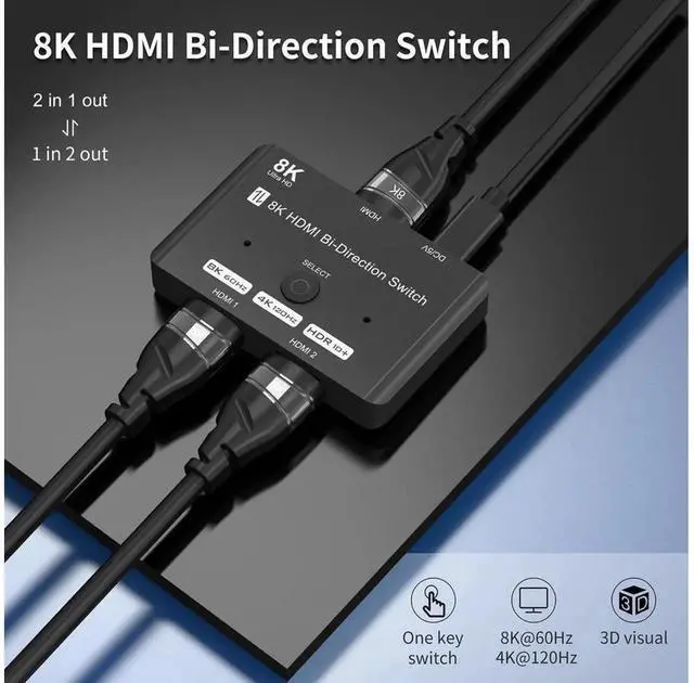 Alt view image 2 of 7 - Bi-Directional HDMI 2.1 Switch 8K 2 In 1 Out / 1 In 2 Out Splitter, 48Gbps Bandwidth Support 8K@60Hz, 4K@120Hz, HDCP2.3, ARC, VRR, Compatible with PS5 Xbox Series X Blu-ray Player 8K TV Monitor Projec