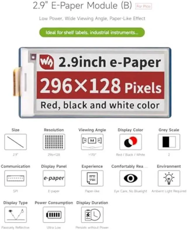 Alt view image 2 of 5 - 2.9 Inch E-Paper E-Ink Display Module (B Version) 296×128 Resolution Tri-Color Red Black White Low Power Screen Panel, SPI Interface Compatible with Raspberry Pi Pico for DIY Electronic Projects
