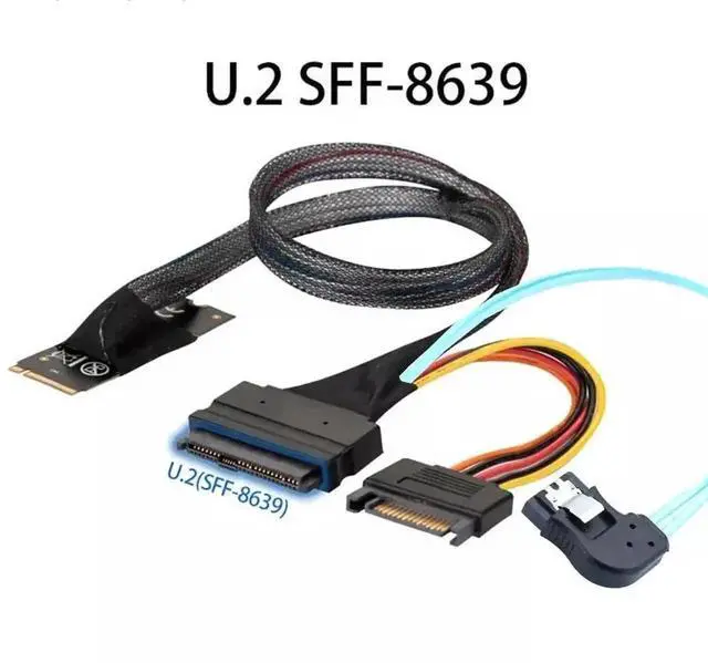 Alt view image 4 of 4 - 100CM M.2 M-Key SFF-8643 to U.2 SFF-8639 Adapter Card with Right Angle SATA 15P Power & SATA 7P Data Cable, NVMe M.2 to U.2 Server SSD Converter