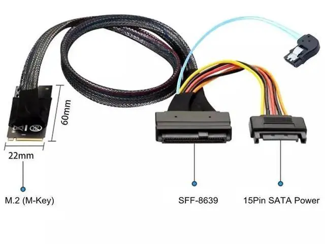 Alt view image 3 of 4 - 100CM M.2 M-Key SFF-8643 to U.2 SFF-8639 Adapter Card with Right Angle SATA 15P Power & SATA 7P Data Cable, NVMe M.2 to U.2 Server SSD Converter