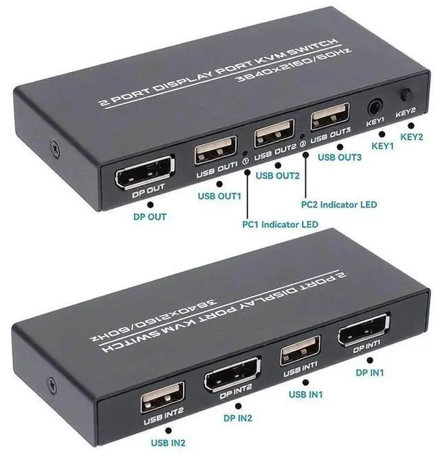 Alt view image 4 of 7 - 2 Port DisplayPort KVM Switch 4K@60Hz 2 In 1 Out DP USB KVM Switcher with Wired Remote Controller, Allow 2 PCs Share One Monitor, Keyboard, Mouse and USB Devices Like Printer